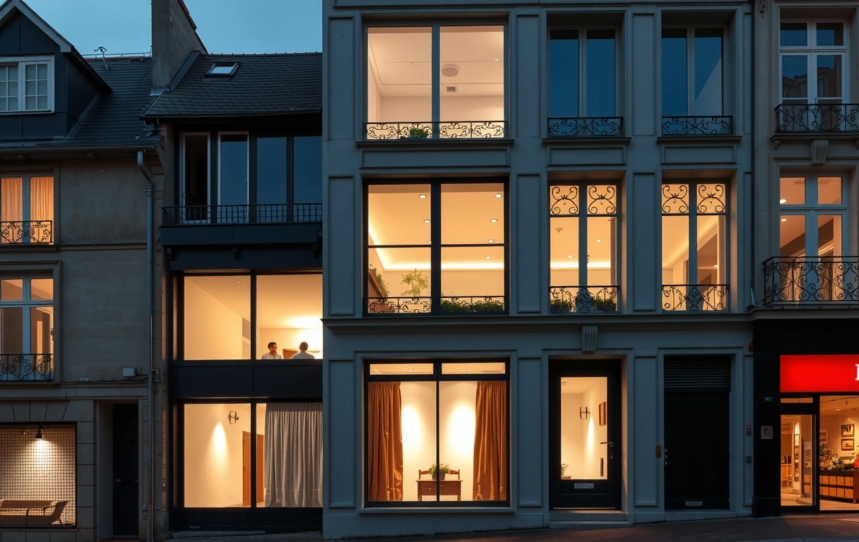 Contemporary Parisian facade at dusk